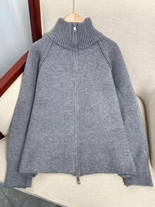 Wixra Korean Loose Knit Cardigan, Stand Collar Raglan Sleeve, Two-Way Zipper Design, Solid Color, Collegiate Style, Essential For Layering In Autumn/Winter