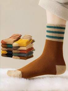 1/5/10 Pairs Women's Calf-Length Socks, Thermal Lined Socks, Striped Pattern, Women's Thick And Warm Socks, Student Socks, Couple Socks, Long Socks, Women's Socks, Suitable For Winter Daily Wear, Office, Home, Sports