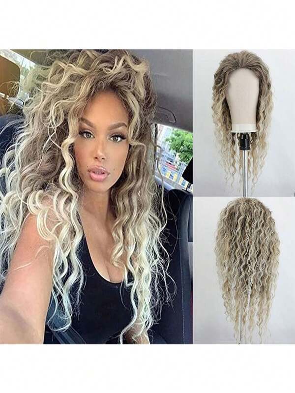 Ombre Gray To Golden Wavy Synthetic Hair Wig For Women, Mixed Gold Tone, Layered Natural Look, Suitable For Daily And Party Use