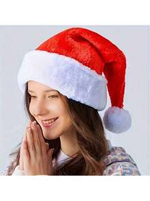 1 Stück Weihnachts-Paillettenkappe des Weihnachtsmanns - Doppellagige glitzernde Polyestermütze mit Plüschverzierung, Weihnachtsmütze, mit rotem Stoff und weißer Fellverzierung, geeignet als Weihnachtsparty-Accessoire und Feiertags-Dekoration, besonders für Zusammenkünfte und Neujahrsfeiern, nicht elastisch, nur von Hand waschbar, gestrickt, ohne Federn, geeignet als Erwachsenen-Feiertags-Kopfbedeckung