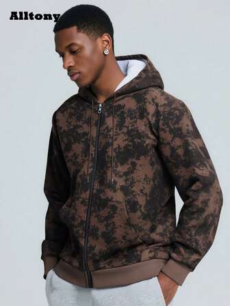 Alltony 男士轻便长袖连帽运动衫，带口袋，扎染迷彩印花，拉链开合，休闲运动夹克，适合街头、慢跑、旅行、户外、通勤、露营、度假