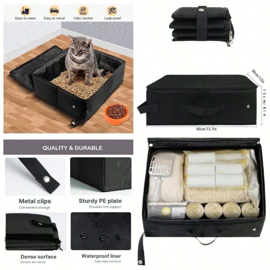 Caja de porttil para gatos con tapa con cierre, caja de de viaje plegable, sin fugas, sin olor, impermeable, fcil de llevar, fcil de usar en hoteles, automviles - Negro oscuro - Ver 1