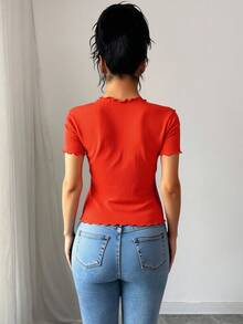 Blusa dama mujer estampado letras acanalada cuello redondo borde ondulado manga corta ajustada cintura juvenil fresca salidas casuales reuniones informales paseos veraniegos ligera cómoda atractivo versátil adaptable diario - Naranja Quemada - Ver 2