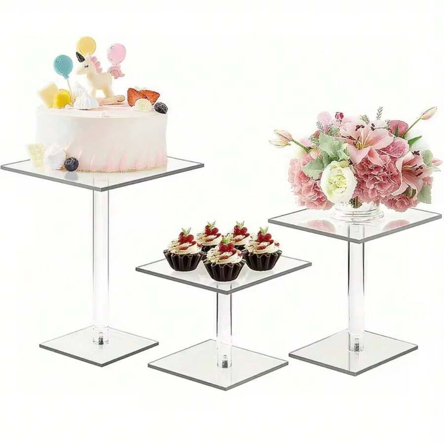 Đế bánh Acrylic, Tháp trưng bày món tráng miệng nhiều tầng, Đế bánh cupcake trong suốt hình tròn/vuông có thể tháo rời, Món tráng miệng trong suốt bằng Acrylic, Bánh nhỏ, Giá trưng bày bánh quy cho đám cưới, tiệc tùng - Trong sáng - Xem 1