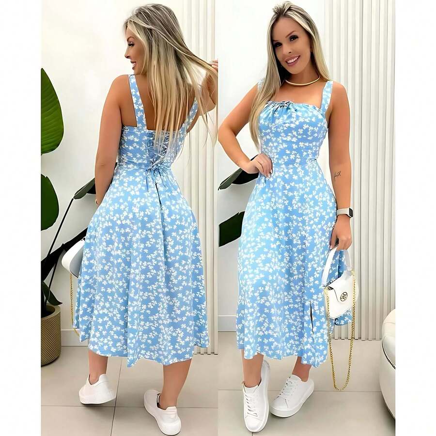 HIGH QUALITY ROMANTIC FLORAL MIDI DRESS - Baby Blue - View 1