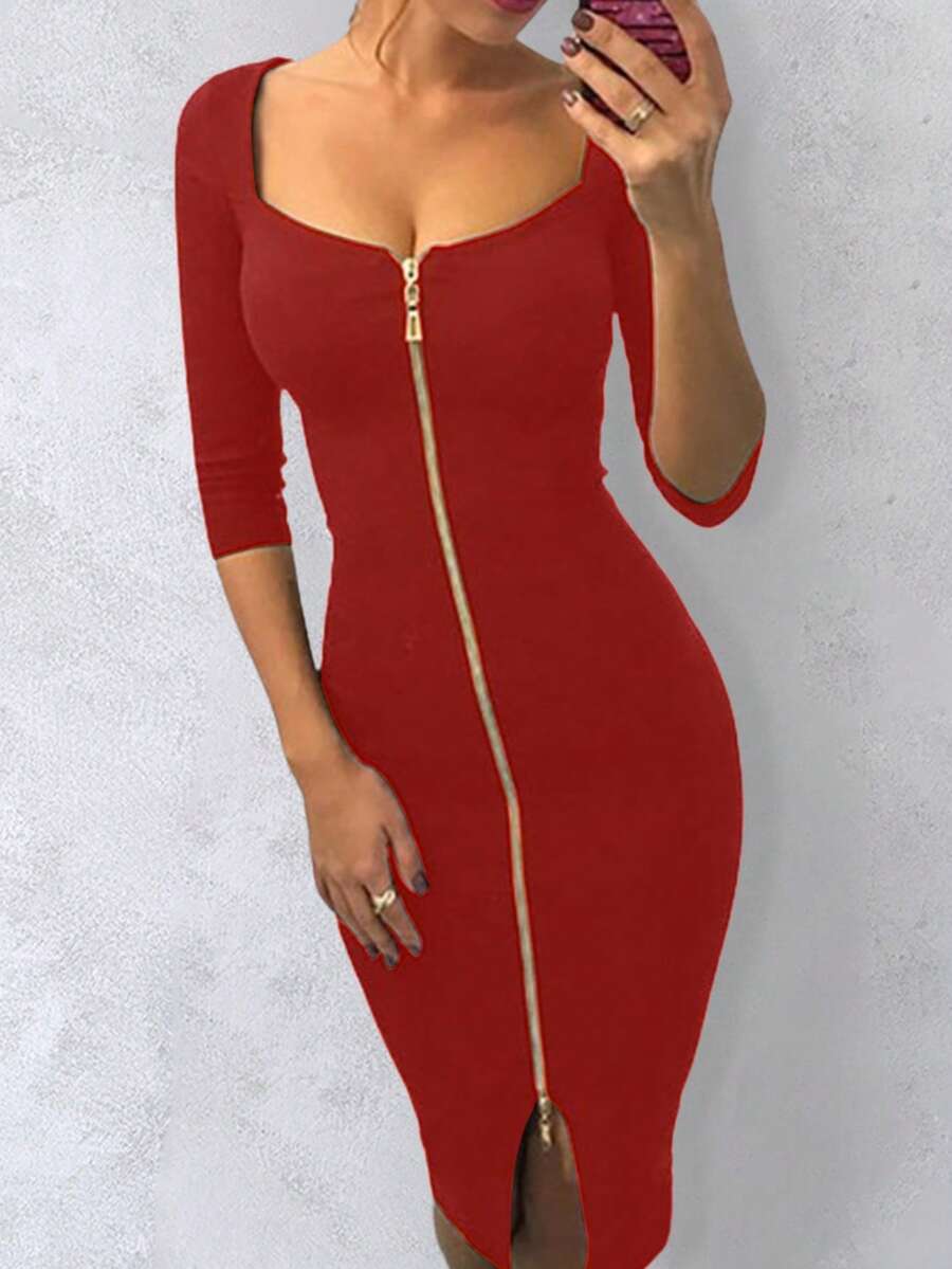 ChicMe Đầm nữ cổ vuông dáng ôm dài ngang gối, tay lửng, khóa kéo phía trước, xẻ tà, dáng ôm sát, thích hợp cho tiệc cocktail, hộp đêm, tiệc tối trang trọng, gợi cảm và thanh lịch mùa hè.