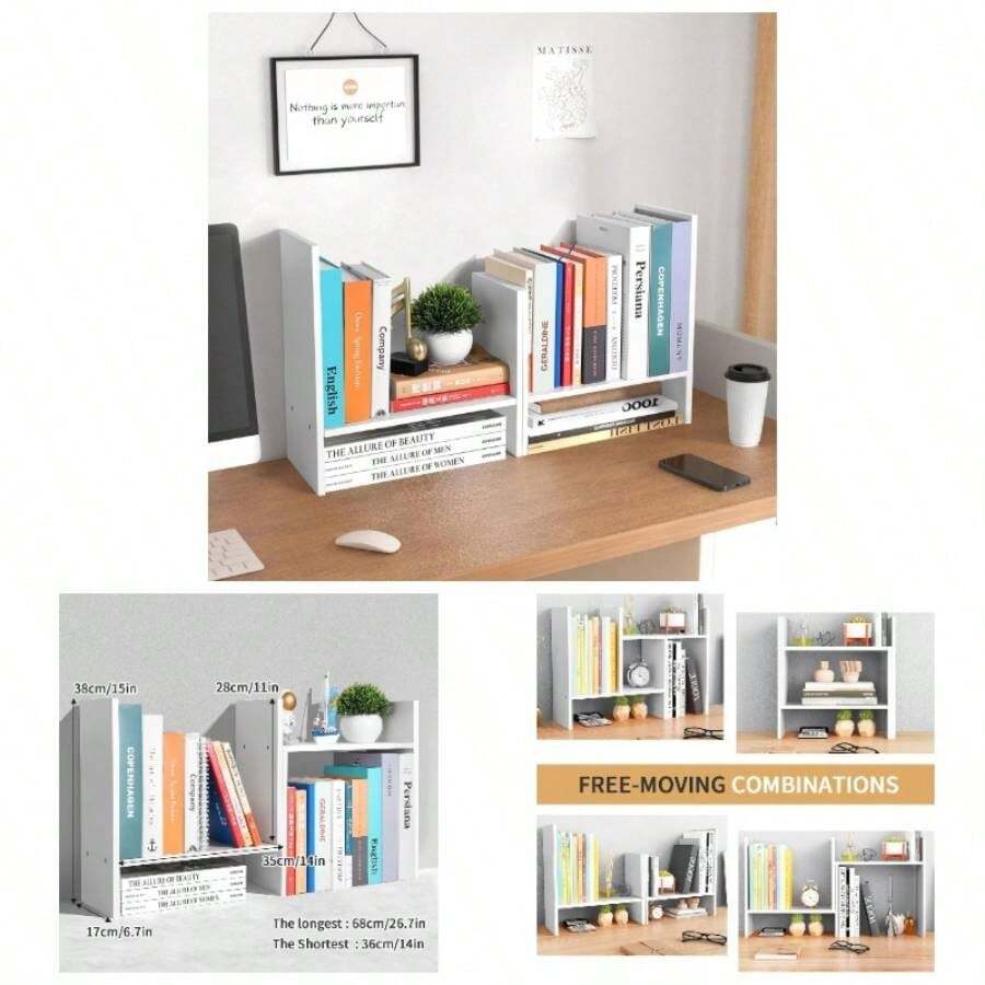 Desktop Shelf Organizer - Adjustable Wood Desktop Bookshelf, Table Top Shelves, Desk Book Organizer Office Supplies And Home Dcor White - ban đầu - Xem 1