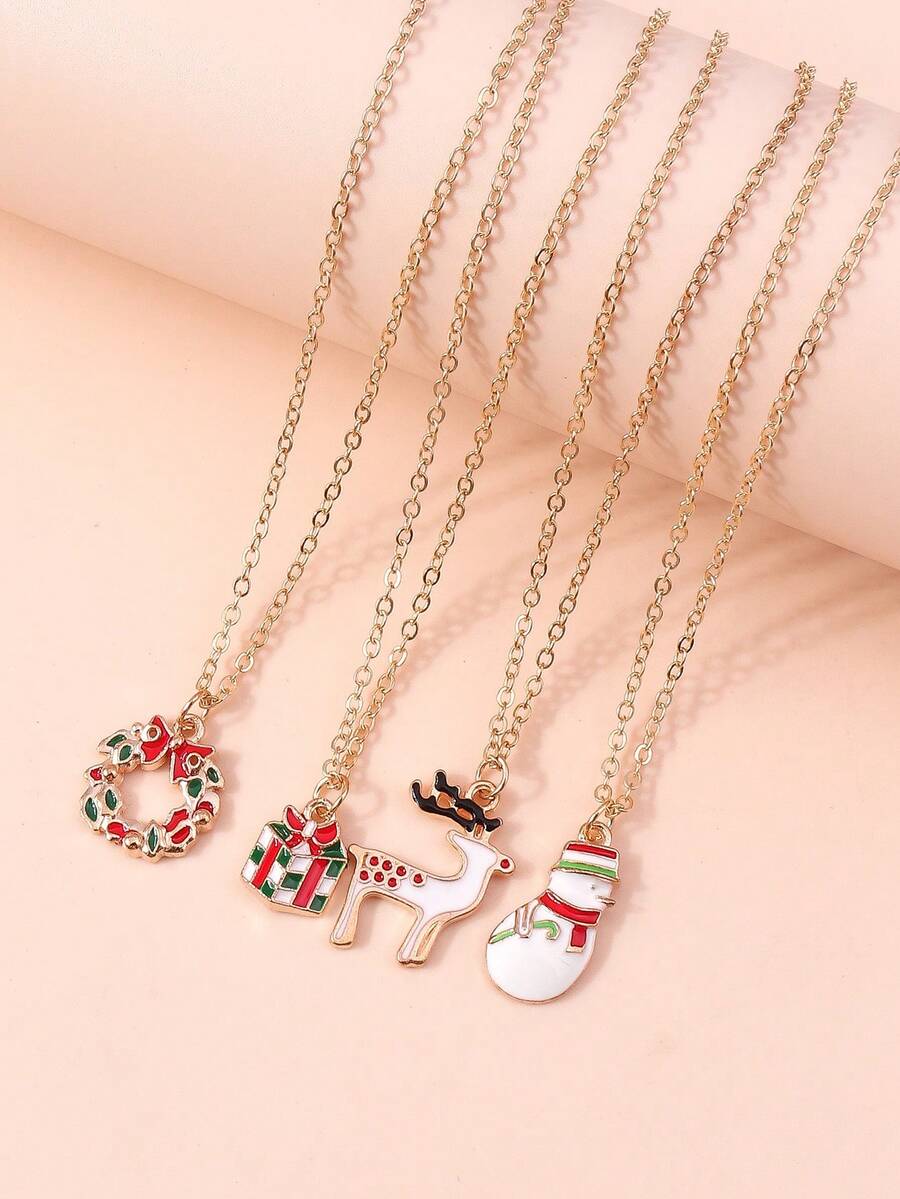 4pcs Minimalist Christmas Reindeer & Snowman Necklace Set, Women Daily Wear Necklace Gift Box Garland Choker