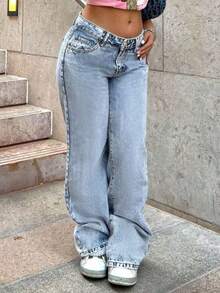 Teen Girls' Classic Casual Washed Butterfly Embroidery Denim Jeans - Light Wash - View 2