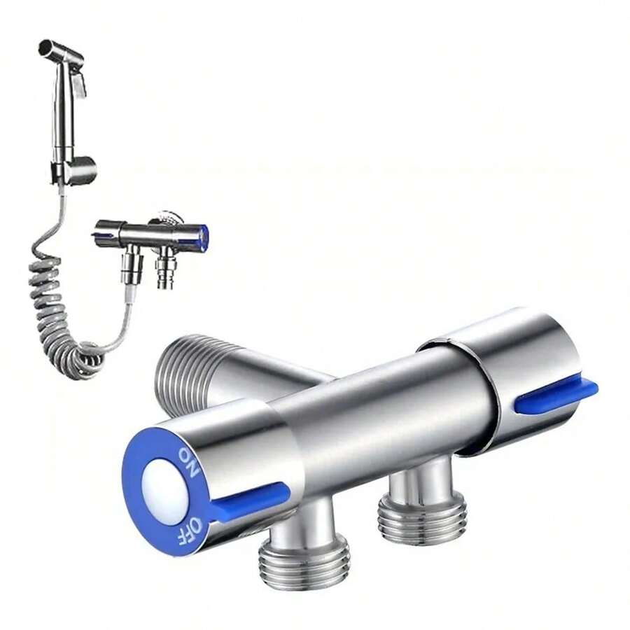 Válvula de ángulo de 1/2 pulgada de 1 pieza, válvula de doble fijación con 2 conectores de grifo, 2 conectores de manguera y cinta, adecuada para baño, inodoro, lavabo - Plateado - Ver 1