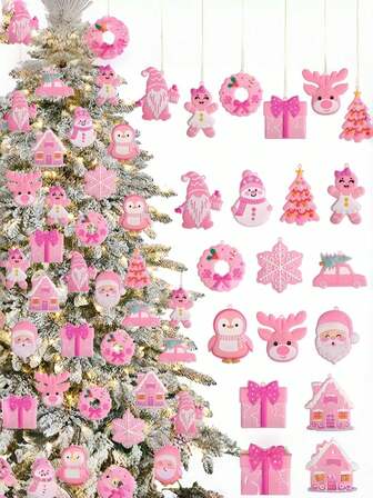 12/24 piezas Decoraciones navideñas rosas para decorar el árbol de Navidad - Encantadoras decoraciones navideñas de PVC rosa para árboles de Navidad, excelentes para decorar árboles de Navidad, que combinan con la decoración navideña de Papá Noel, para agregar a las decoraciones navideñas, para emparejarse con exhibiciones de casas de jengibre, para actuar como dulces regalos navideños, para servir como útiles colgadores de árboles de Navidad y para duplicar como encantadores regalos navideños