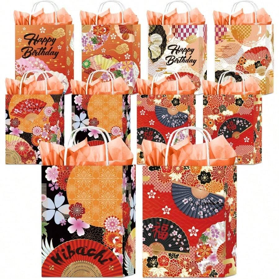 DJapanese Party Favor Bags 16 Pcs Hibachi Goodie Paper Gift Bags Plies Japanese Chinese Folding FansThemed Decorations For Birthday Baby Shower Wedding - Hibachi - 查看 1