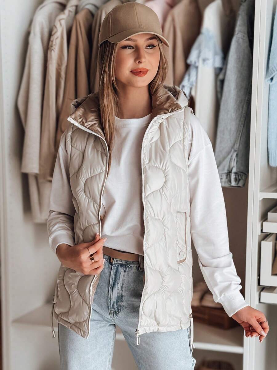 Women's Transitional Quilted Vest With A Detachable Hood. Stylish Design With Side Adjustments And Practical Pockets. This Lightweight, Padded Jacket Is Perfect For Layering In Spring And Autumn. Comfortable And Practical. - Light Grey - View 1