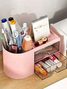 1 pieza Organizador de escritorio mini con 2 cajones, portaulápices y bolígrafos multifuncional para escritorio, caja de almacenamiento simple y creativa para artículos de oficina y escolares, organizador de varios compartimentos, organizador de maquillaje, útiles escolares, regalo navideño