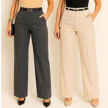 Kit Of 2 Women's Tailored Wide Leg Pants With Belt - 灰色/米色 - 查看 3