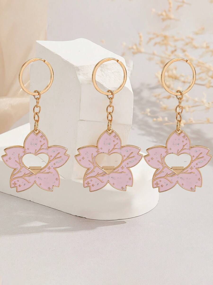 2pcs Pink Sakura Flower Key Chain Bottle Opener, Fashionable Creative Pink Girly Zinc Alloy Bag/Car/Backpack Charm Keychain Accessory, Unisex Bag Charms Car Accessories Teacher Friend Sister Gift Ideas