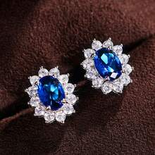 1 Pair Halo Stud Earrings For Women, Oval Cubic Zirconia With Crystal Surround, Metallic Tone Vintage Inspired Jewelry, Multiple Colors Available - Màu xanh lam - Xem 4