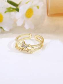 1pc Hollow Butterfly Double Layer Ring, Dainty Rhinestone Inlaid Adjustable Open Ring For Women