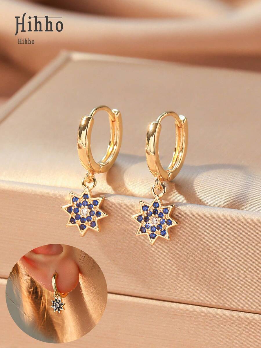 Hihho 1 Pair Fashionable Colorful Sunflower Earrings, Colorful Octagonal Zirconia Inlaid Design Charming Earrings, Women's Jewelry, Suitable For Daily Wear, Holiday Party Gift - Gold - View 1