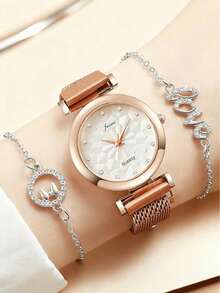 3pcs/Set Fashionable Elegant Luxury Retro Rose Gold Casual Stylish Small Round Dial Quartz Watch & Bracelet Set, Suitable For Gifts, Daily Wear, Singles' Day, Birthday (No Box) - Multicolor - View 2