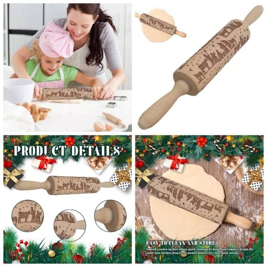 Pin rodante en de Navidad de 14 pulgadas rodillo grabado madera con patrn cuadrcula cuadrada para galletas masa pastelera para hornear herramientas cocina para hornear - Beis - Ver 1