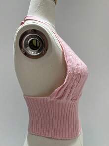 Simple, Knitted, Cable Knit, Backless, Beach, Tie-Up Crop Top - Baby Pink - View 2