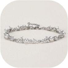 Crysdue Wedding Bridal Link Bracelet Brides Bridesmaids, Marquise Cubic Zirconia Tennis Bracelets Women Prom Jewelry - D_CZ+珍珠,銀色 7.8-9.37 英寸 - 查看 1