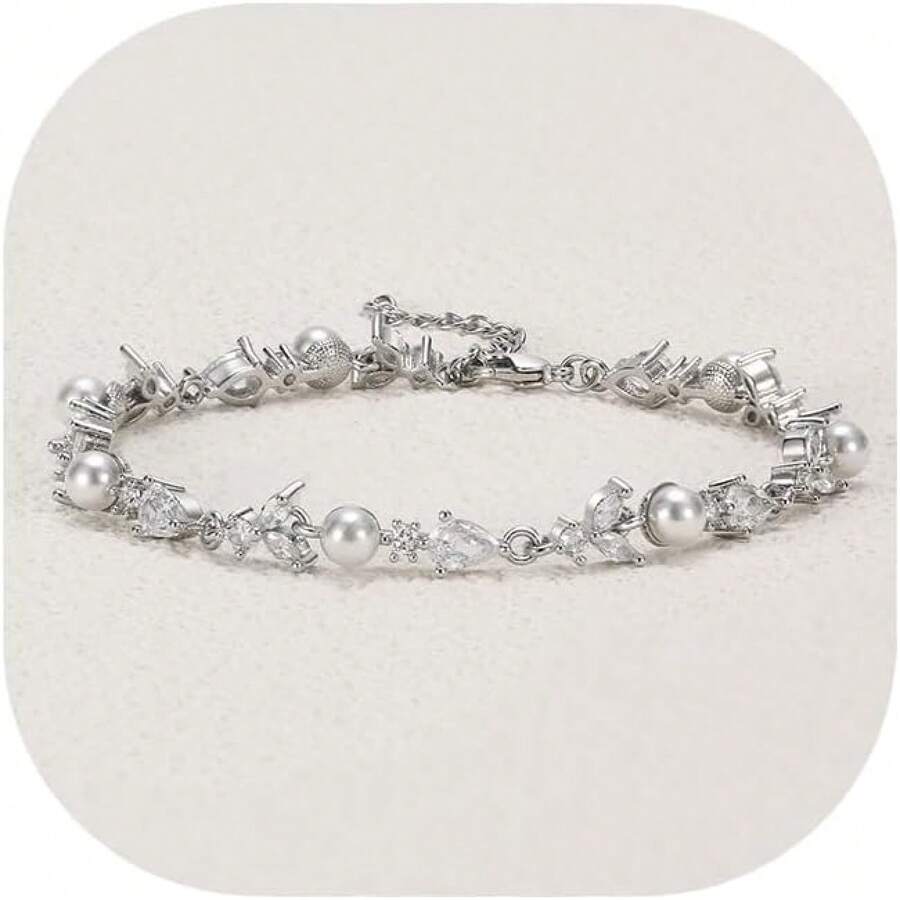 Crysdue Wedding Bridal Link Bracelet Brides Bridesmaids, Marquise Cubic Zirconia Tennis Bracelets Women Prom Jewelry - D_CZ+珍珠,銀色 7.8-9.37 英寸 - 查看 1