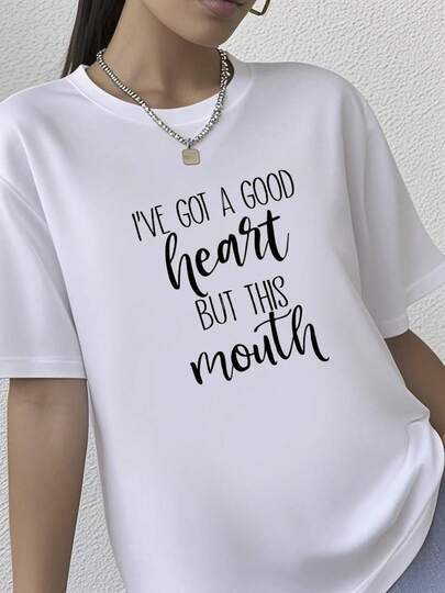 180g pure Cotton I&amp;#39;ve Got A Good Heart But This Mouth Shirt, Sarcastic Shirt, Funny Sarcastic Shirt, Mom Shirt,  Gift for Her, Women Shirt With Saying Print Round Neck Short Sleeve Unisex Comfortable graphic designer clothes Top For Everyday Wear female