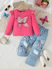 2 pezzi/set Ragazza giovane Maglietta casual con stampa farfalla + Pantaloni larghi con stampa simil-jeans, leggeri e confortevoli, adatti per uso esterno - Fucsia - Visualizzare 1