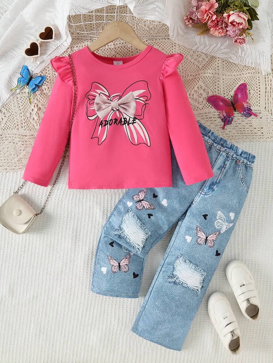 2 pezzi/set Ragazza giovane Maglietta casual con stampa farfalla + Pantaloni larghi con stampa simil-jeans, leggeri e confortevoli, adatti per uso esterno - Fucsia - Visualizzare 1