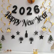2026 SZCZĘŚLIWEGO NOWEGO ROKU, dekoracyjny baner na imprezę, czarno-złote litery, cyfry, butelka wina, fajerwerki, zegar, chorągiewka, zestaw ścienny - Wielokolorowe - Zobacz 1