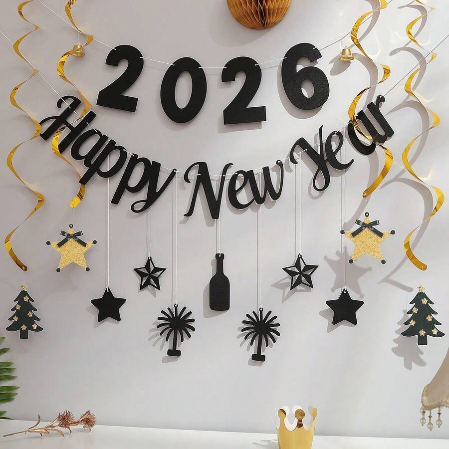 2026 SZCZĘŚLIWEGO NOWEGO ROKU, dekoracyjny baner na imprezę, czarno-złote litery, cyfry, butelka wina, fajerwerki, zegar, chorągiewka, zestaw ścienny - Wielokolorowe - Zobacz 1