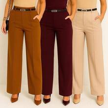 Kit Of 3 Women's Tailored Wide Leg Pants With Belt - 焦糖色 / 酒紅色 / 米色 - 查看 1