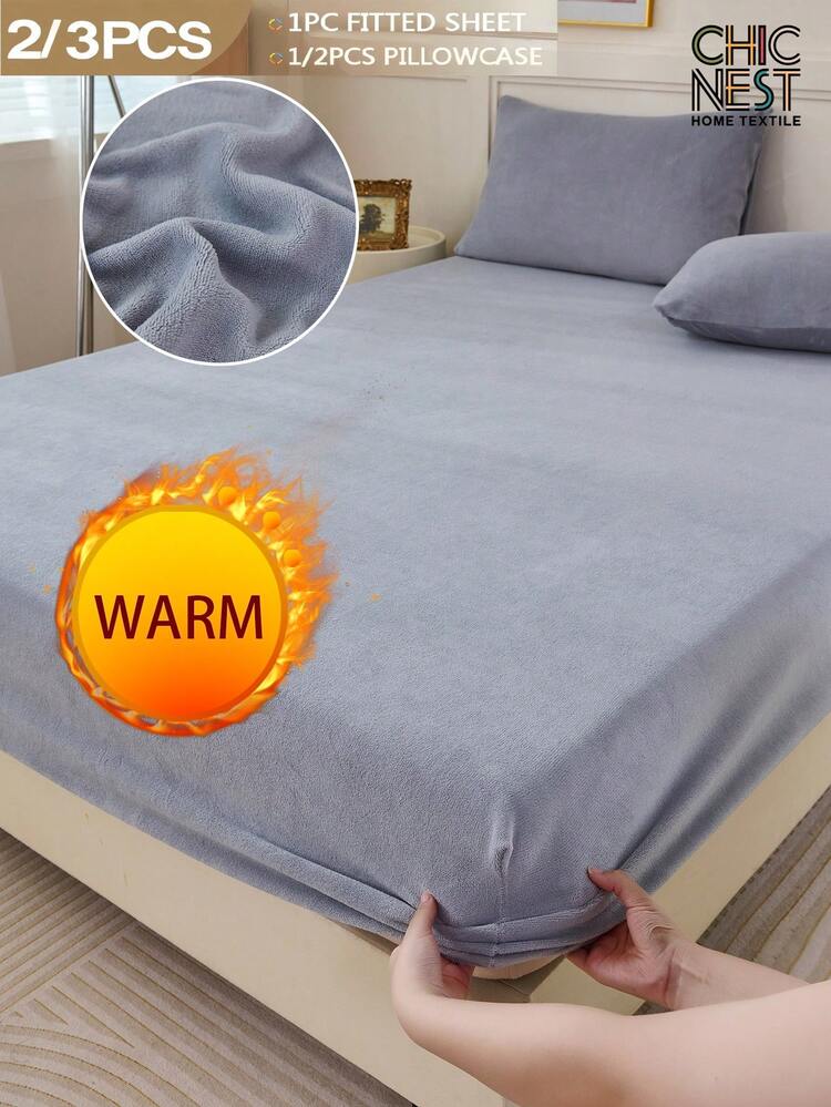 2/3pcs Light Gray Velvet Fitted Sheet Set Warm Soft Solid Fuzzy Fitted Sheet Bedspread Set King Queen Full Twin Size, Luxury Super Soft Cozy Comfy Bottom Sheet With 11.8" Deep Pocket,Suitable For Fall Winter And Spring 1Fitted Sheet+1/2Pcs Pillowcases - Light Grey - View 1