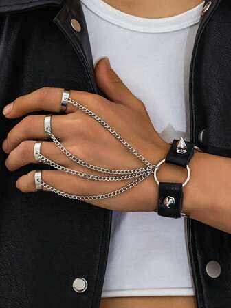 1Pc Fashion Punk Rivets Chain Link Finger Bracelet,Unisex Jewelry For Daily Wear&Party,Street Outfit