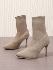European And American New Autumn/Winter Fine High Heel Short Boots, Mesh Elastic Ankle Boots, Pointed Toe Women's Boots, Fashionable Sexy High Heel Sock Boots, Suitable For Evening Party And Ball - Beige - View 4