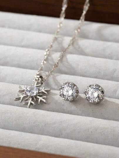 3pcs/Set Elegant Snowflake Pendant Necklace & Round Earrings Silver Jewelry Set, Suitable For Daily Wear And Christmas Decoration, Intimate Gift For Family, Classmates And Friends