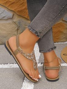Women's Fashion New Shiny Rhinestone Decor Round Toe Back Elastic Band Flat Sandals Slip-On Khaki Color Sandals Sexy Toe-Split Sandals, Flip Flops - Khaki-champagne Diamond - View 7