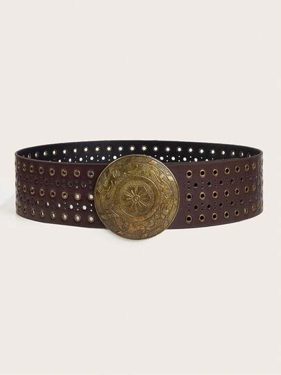 1 قطعة حزام بني جديد من البوليوريثان مزين بالزخارف للنساء، مناسب للجينز والفساتين والمعاطف، بتصميم غربي كلاسيكي عصري، متعدد الاستخدامات للاستخدام اليومي