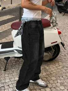 Teen Boy Plain Color Belted Straight Leg Casual Wide Leg Jeans - Black - View 2