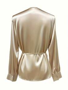 Blusa Elegante de Cetim Champanhe com Amarração na Cintura, Moda para o Ambiente de Trabalho