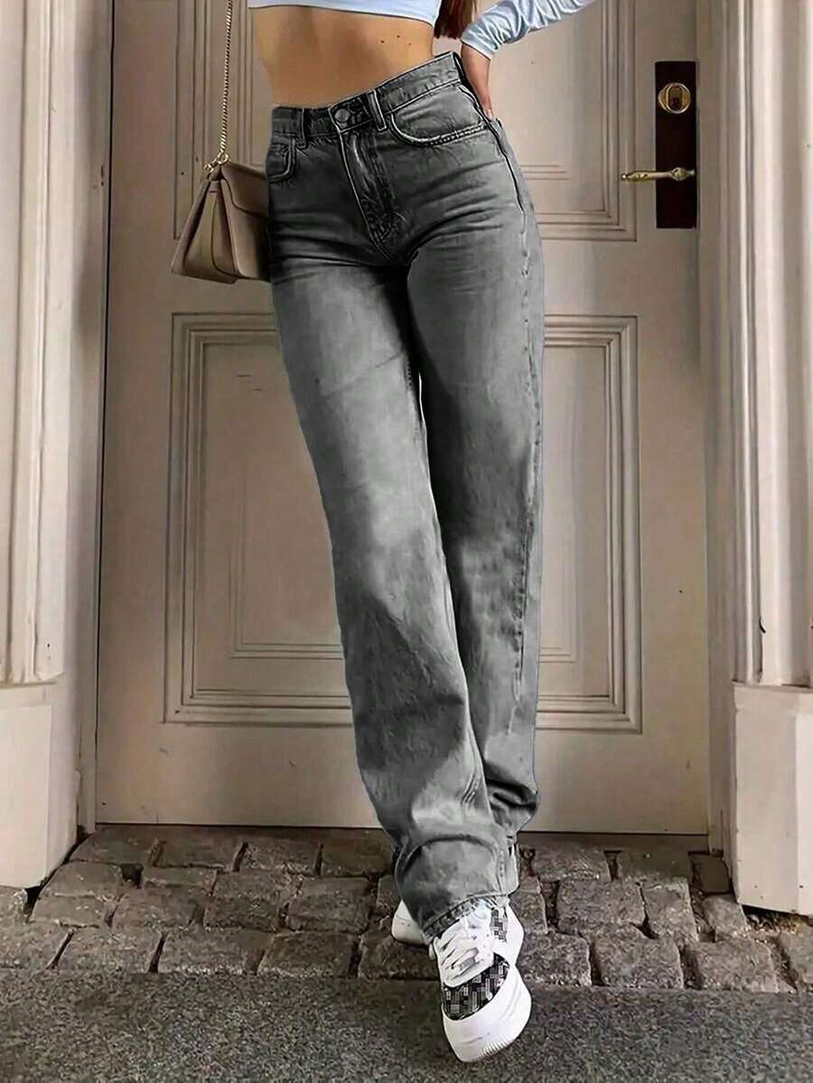 少女休闲水洗斜口袋直筒牛仔裤 - 深灰色 - 查看 1