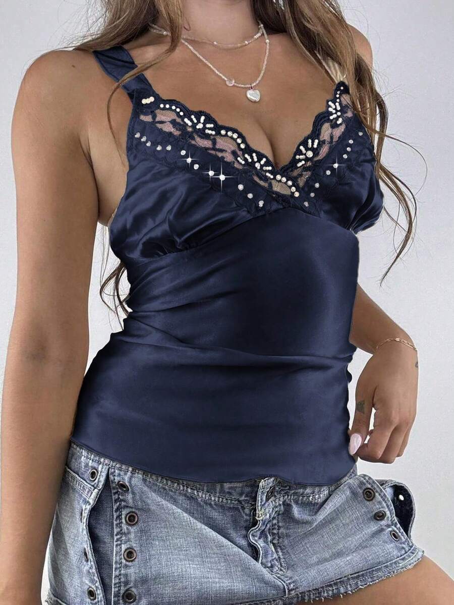 Y2K Style Solid Deep V-Neck Strap Tank Backless Fitted Sexy Lace Camisole Top Streetwear Graduation Outfit Suitable For Summer Beach Vacation, Date, Music Festival And Concert,4th Of July USA