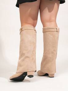 Wide Width Faux Suede Tall Boots, Folding Shaft, Chunky Heel, Apricot Color Knee-High Boots With Shark Buckle Decor, Sexy Outdoor Women's Wide Calf Boots, Wide Width High Heel Boots, Beige Boots