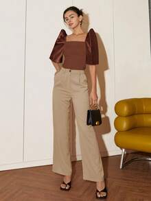 Amyenjoylife Áo sơ mi nữ Filipiniana hiện đại, màu trơn, tay phồng, cổ vuông, thanh lịch, ngắn, Bolero Filipiniana dành cho nữ, mùa xuân và mùa hè - Cà phê nâu - Xem 3