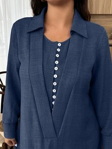 Rok Panjang Berlipit Dua Lapis Warna Biru Tua Ukuran Plus untuk Musim Semi/Panas, Gaya Elegan Urban, Cocok untuk Liburan Pantai, dan Pakaian Sehari-hari. - Navy Blue - View 2