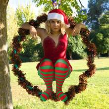 1 双女士圣诞条纹紧身裤，条纹长袜，全长大腿高连裤袜，圣诞服装，圣诞节女士服装配饰，加大码女士圣诞条纹紧身裤，节日派对服装，成人连脚紧身裤，红色，白色，绿色，手套，白色毛皮保暖手套