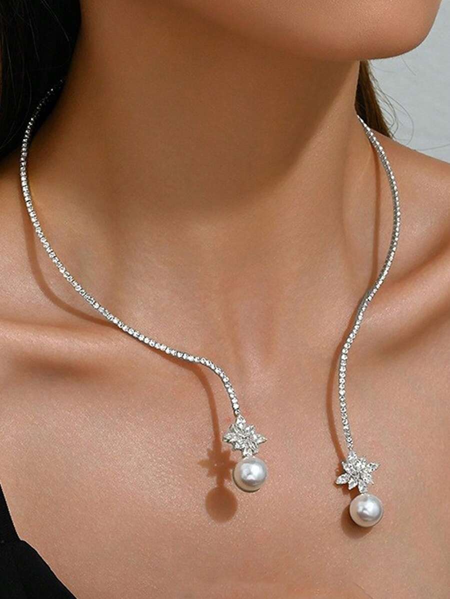 1 pieza Collar tipo gargantilla de estilo bohemio con perlas, elegante collar vintage con brillantes de rhinestone para mujeres