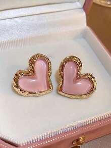 1 Pair Elegant Fashion Heart Shaped Stud Earrings, Suitable For Women Any Occasion, Valentine's Day Gift Valentines - 粉色 - 查看 6